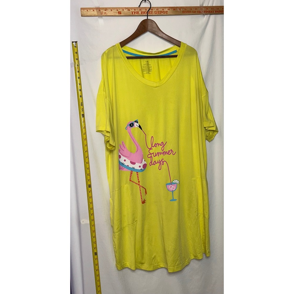 HUE Sleepshirt Flamingo Graphic Long Summer Days V‎ Neck Yellow Lounge Sleep